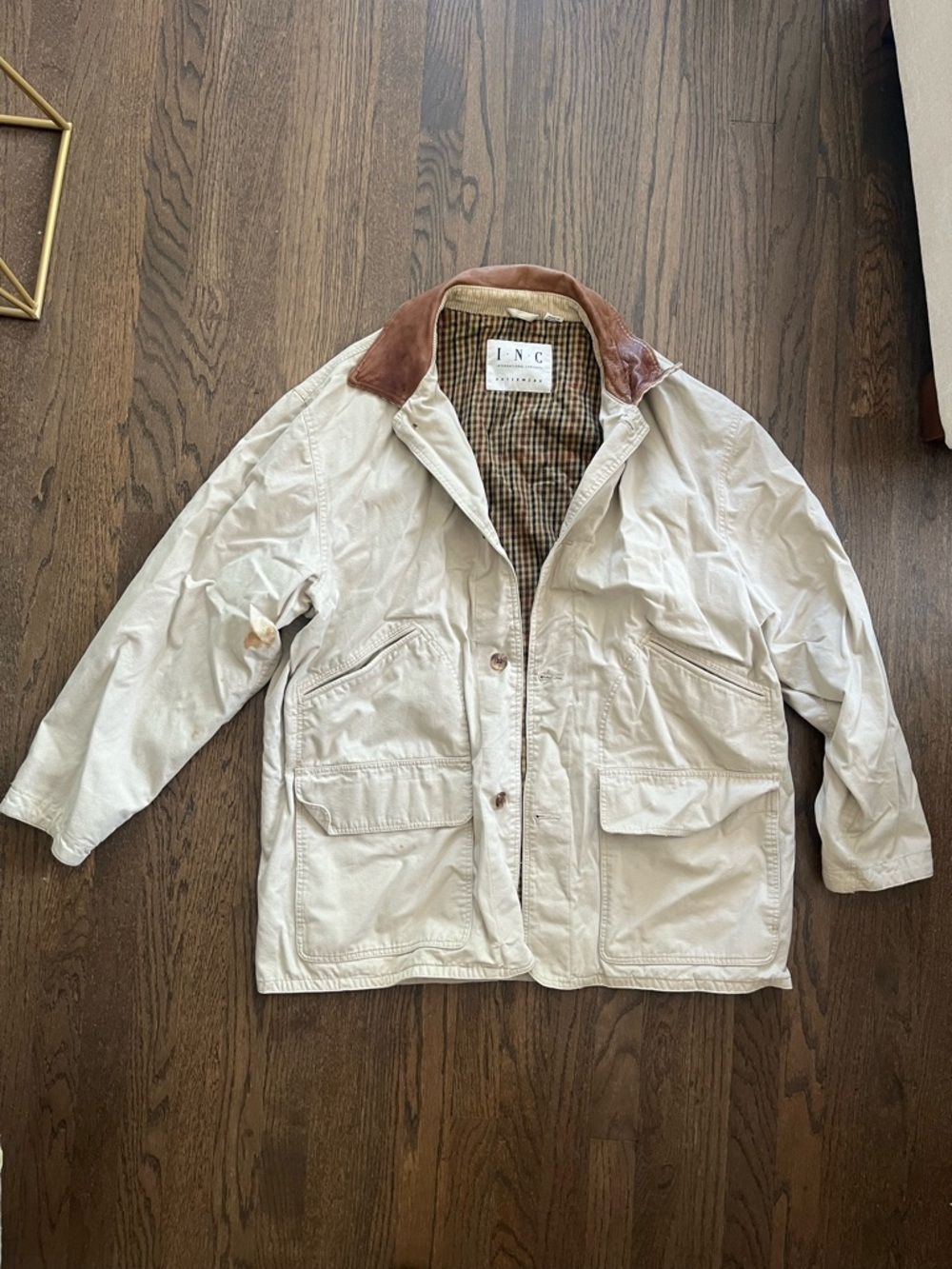 INC International Concepts cream field jacket with brown corduroy/leather collar